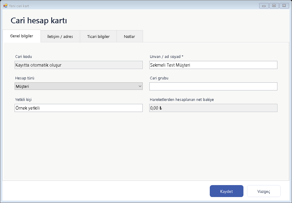 Cari hesaplar örnek program ekranı