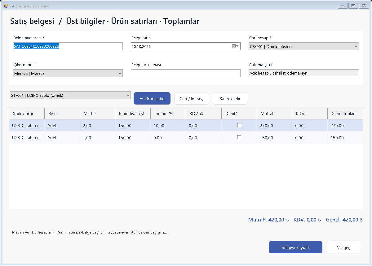 Satış belgeleri örnek program ekranı