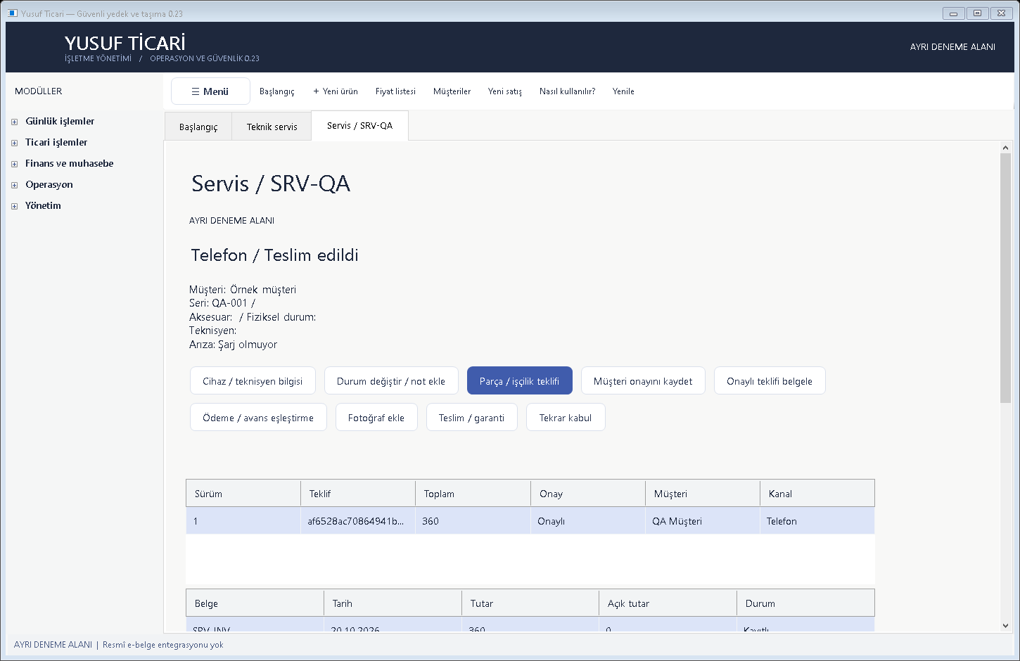 Teknik servis örnek program ekranı